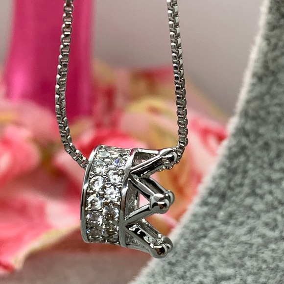 Sterling Silver 925 CZ Crown Necklace - Picture 2 of 7